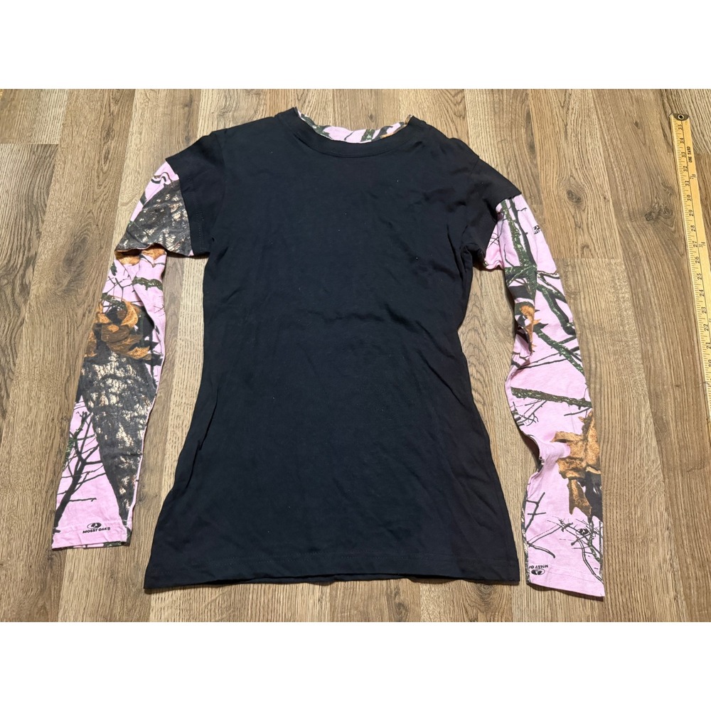 Yukon Gear T-Shirt Womens Small Black Pink Camo Mossy Oak Long Sleeve Excellent